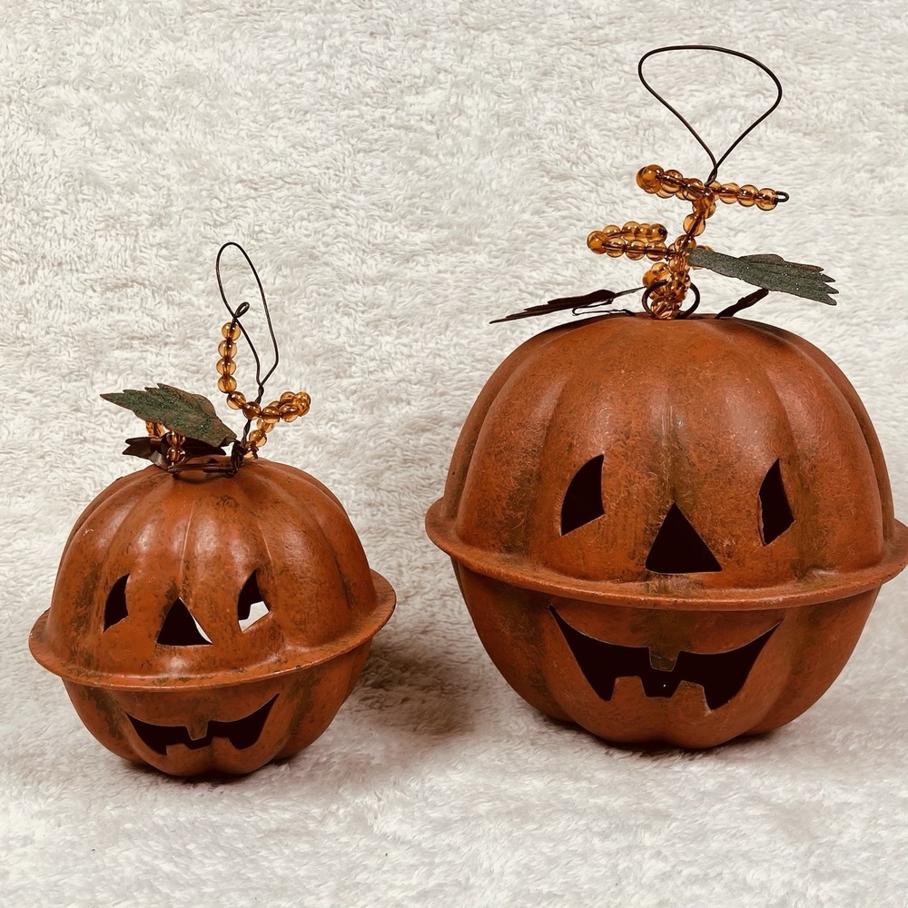 Vintage Halloween Jack o Lantern Pumpkin Bell 6" & 4" Rusty Hanging Fall Decor